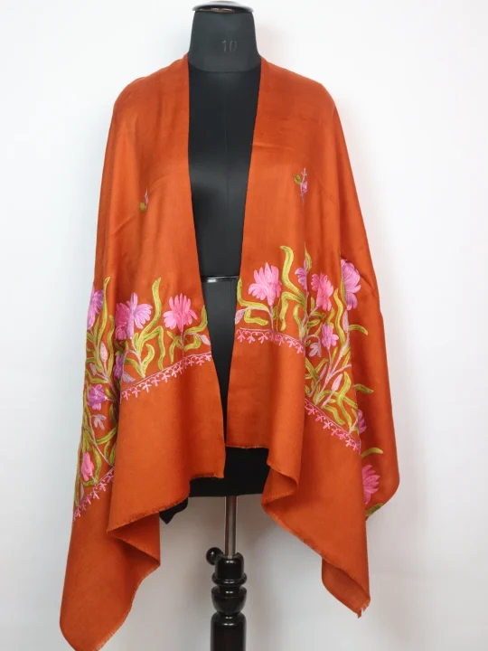 Kashmiri Stole in Orange Polywool with Aari Embroidery | Ayesha