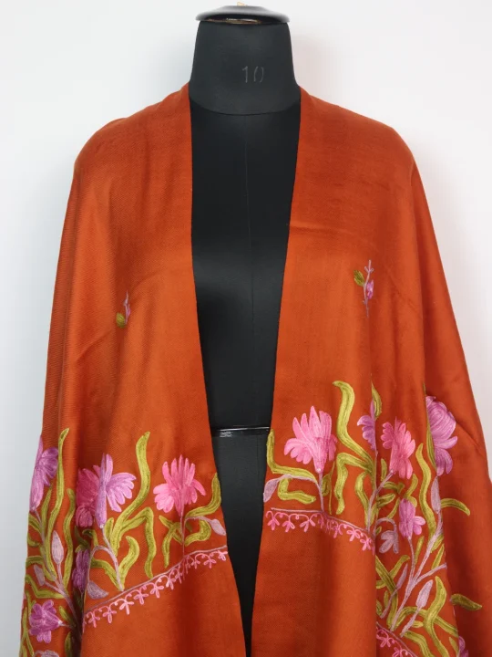 Kashmiri Stole in Orange Polywool with Aari Embroidery | Ayesha - Image 2