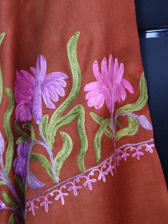Kashmiri Stole in Orange Polywool with Aari Embroidery | Ayesha - Image 3