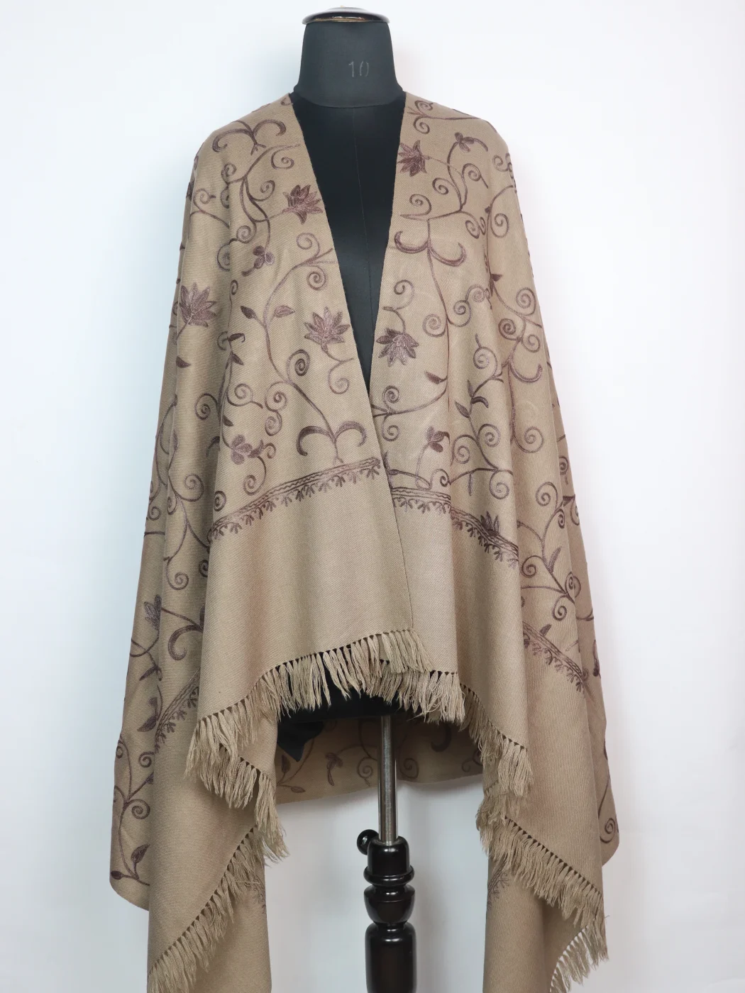 Beige Kashmiri Shawl with Jaal Aari Embroidery in Cashmilon Wool
