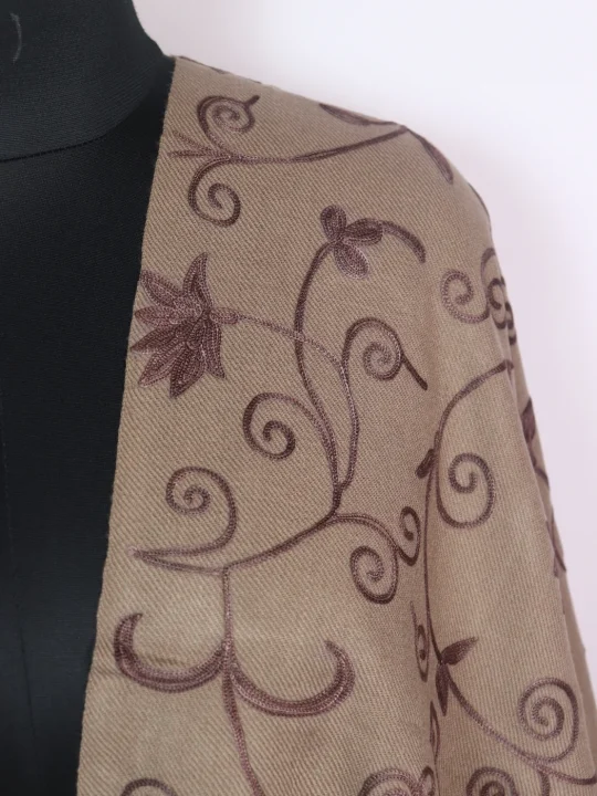 Beige Kashmiri Shawl with Jaal Aari Embroidery in Cashmilon Wool - Image 2