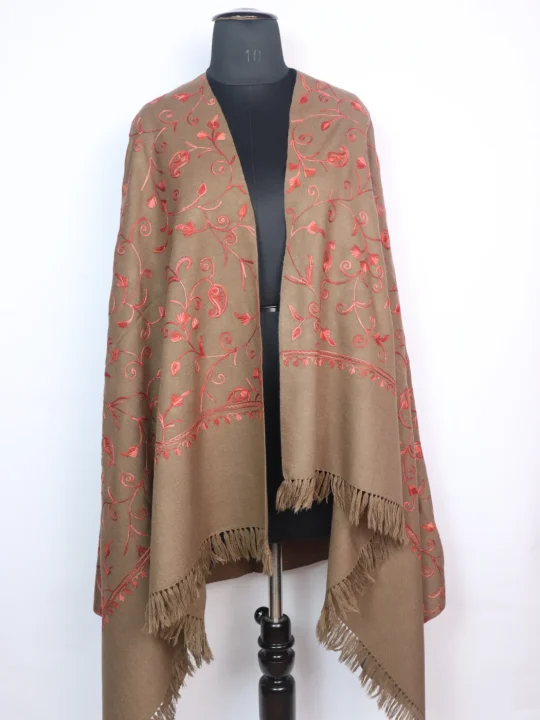 Beige Shawl with Kashmiri Jaal Aari Embroidery in Cashmilon Wool