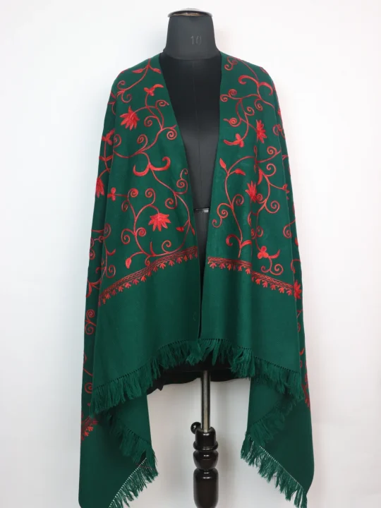 Dark Green Kashmiri Shawl in Cashmilon Wool with Jaal Aari Embroidery