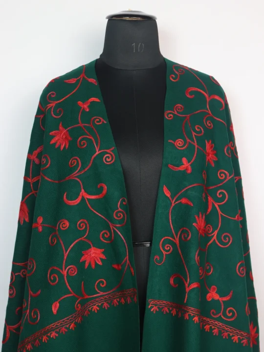 Dark Green Kashmiri Shawl in Cashmilon Wool with Jaal Aari Embroidery - Image 2