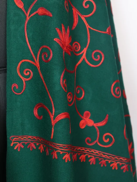 Dark Green Kashmiri Shawl in Cashmilon Wool with Jaal Aari Embroidery - Image 3