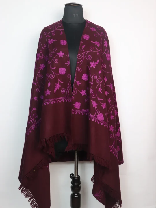 Jaal Aari Embroidered Kashmiri Shawl in Maroon Cashmilon Wool