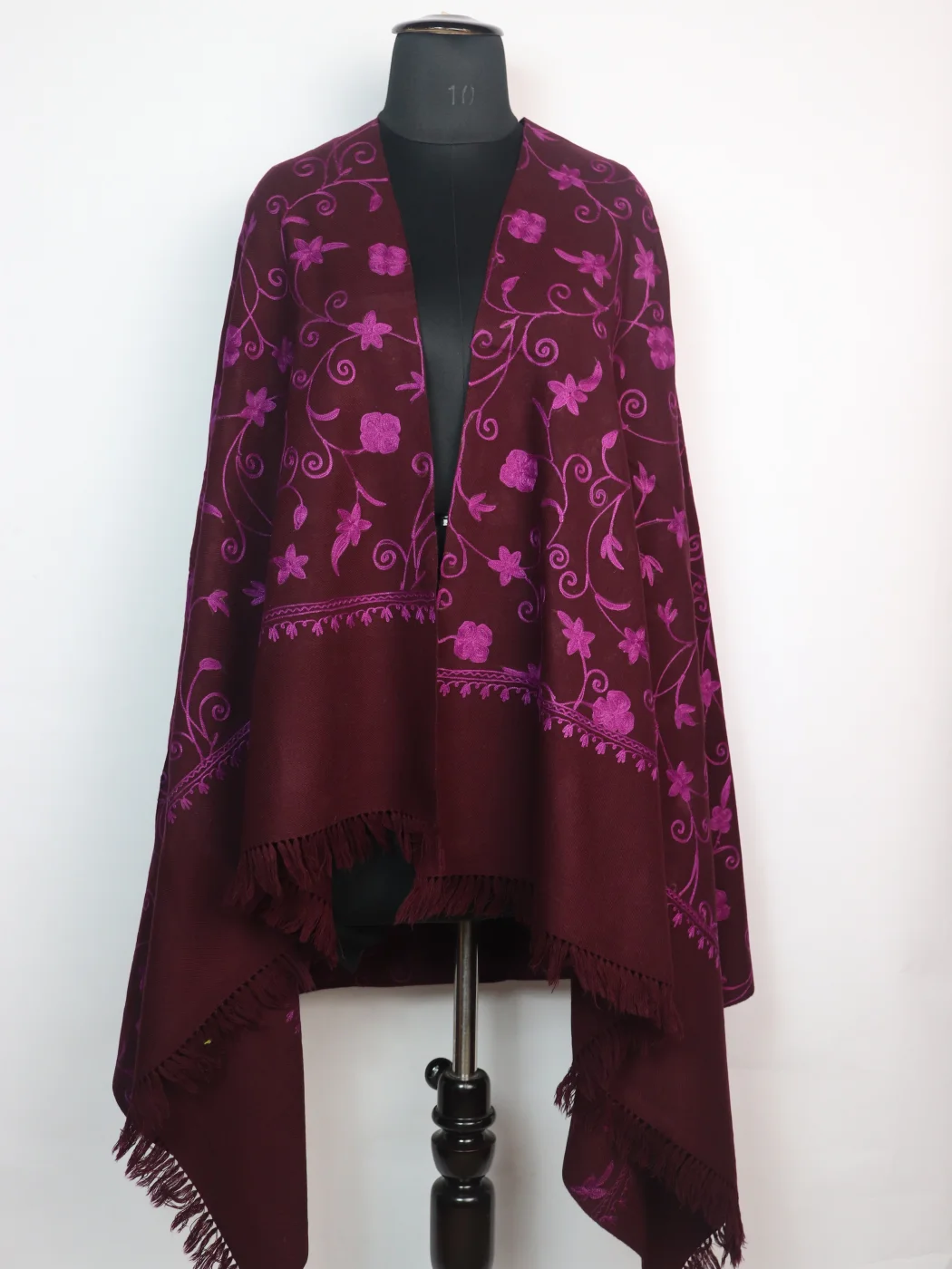Jaal Aari Embroidered Kashmiri Shawl in Maroon Cashmilon Wool