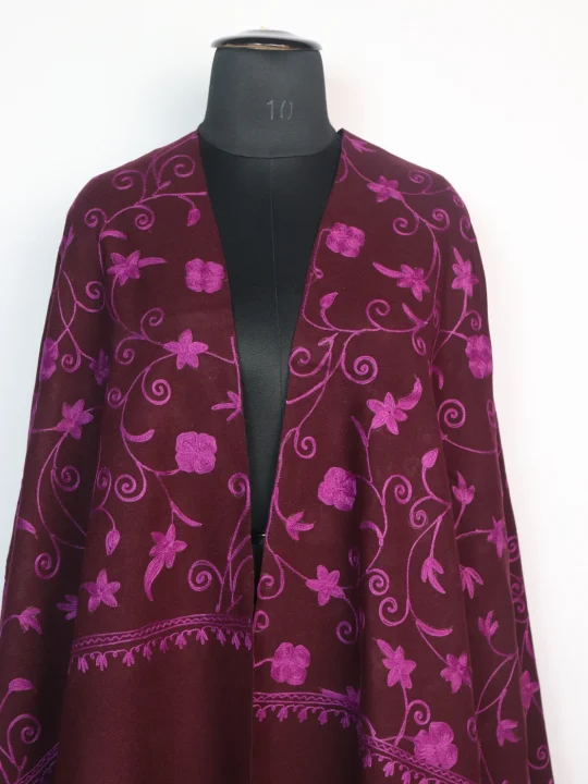 Jaal Aari Embroidered Kashmiri Shawl in Maroon Cashmilon Wool - Image 2
