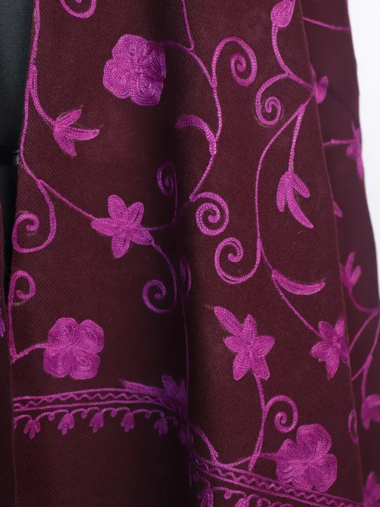 Jaal Aari Embroidered Kashmiri Shawl in Maroon Cashmilon Wool - Image 3
