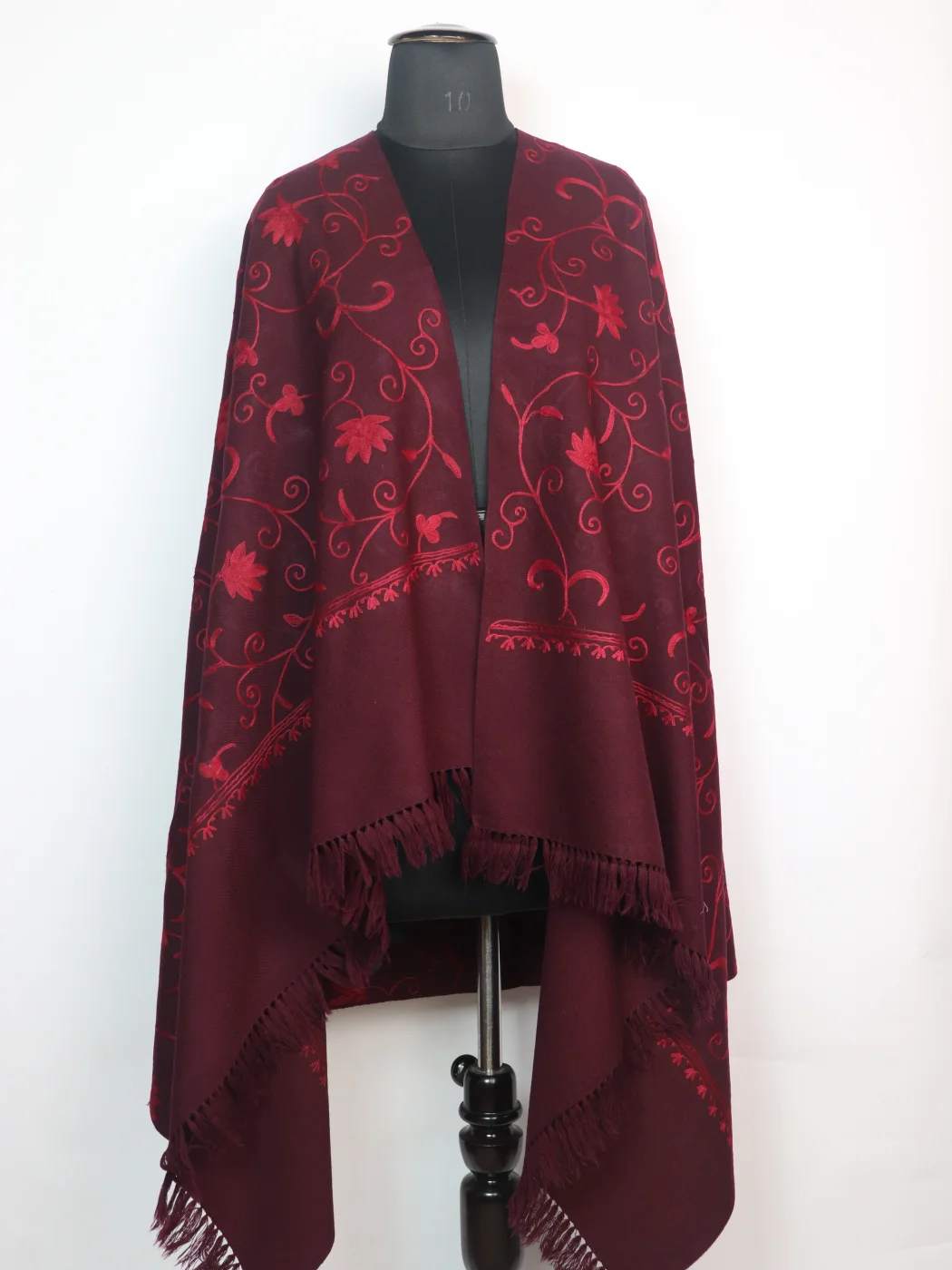 Kashmiri Shawl in Maroon Cashmilon Wool with Jaal Aari Embroidery