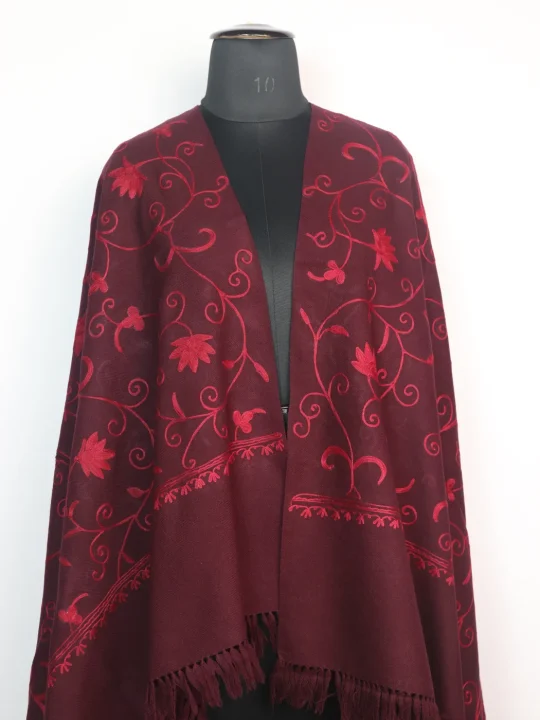 Kashmiri Shawl in Maroon Cashmilon Wool with Jaal Aari Embroidery - Image 2