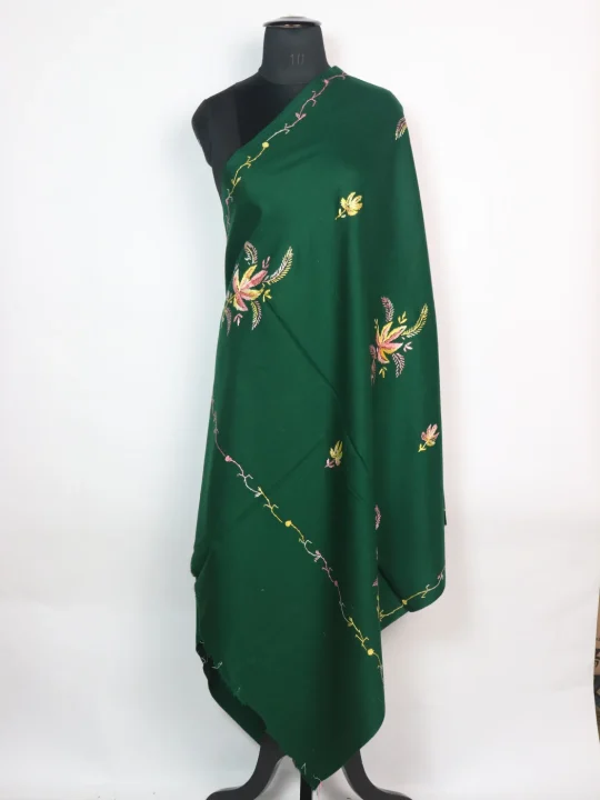 Kashmiri Shawl Dark Green Cashmilon with Hand Sozni Embroidery | Riffat