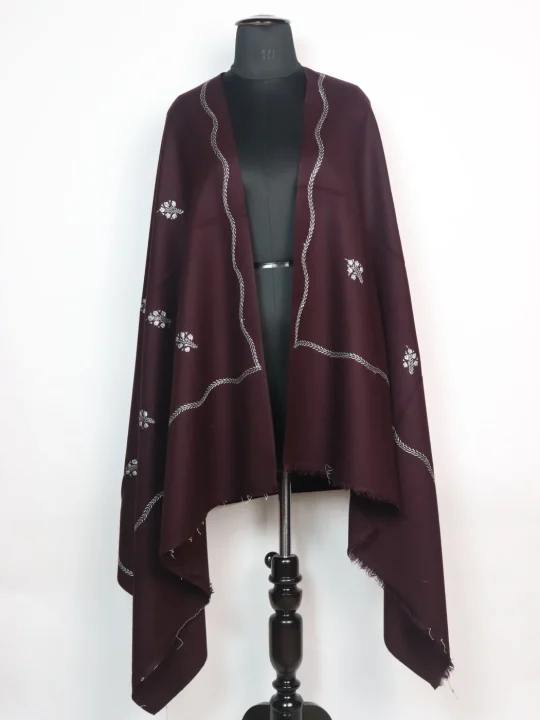 Nuzhat Kashmiri Shawl in Cashmilon with Hand Sozni Embroidery | Deep Maroon