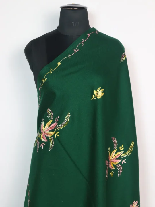 Kashmiri Shawl Dark Green Cashmilon with Hand Sozni Embroidery | Riffat - Image 2