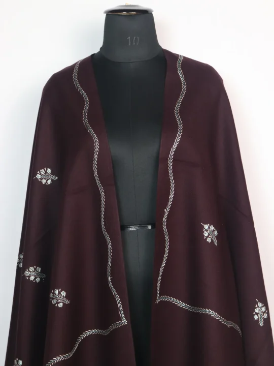 Nuzhat Kashmiri Shawl in Cashmilon with Hand Sozni Embroidery | Deep Maroon - Image 2