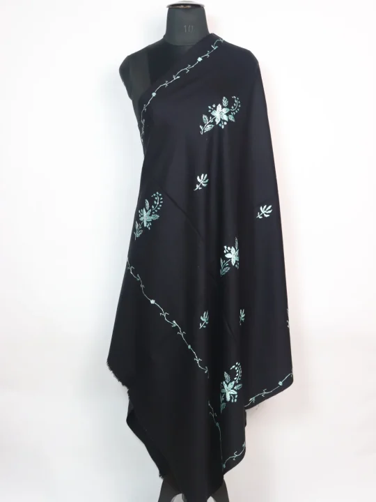 Sadiqa Kashmiri Shawl with Hand Sozni Embroidery in Black Cashmilon