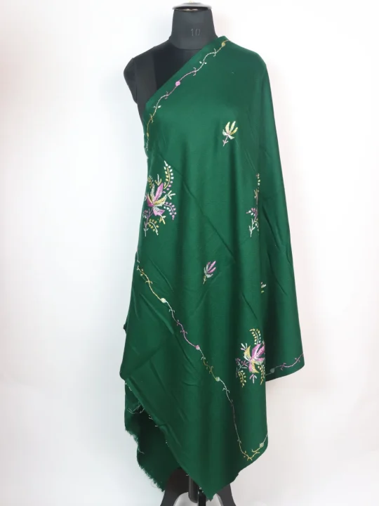 Gulrukh Kashmiri Shawl with Green Cashmilon and Hand Sozni Embroidery