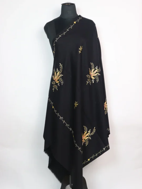 Sakeena Kashmiri Shawl in Black Cashmilon with Hand Sozni Embroidery