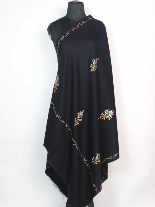 Areej Kashmiri Shawl with Hand Sozni Embroidery in Black Cashmilon