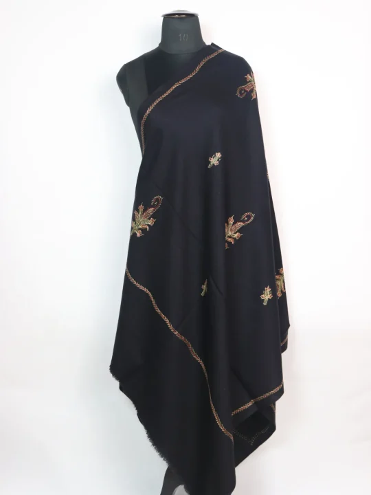 Black Kashmiri Shawl with Hand Sozni Embroidery in Cashmilon | Raheela