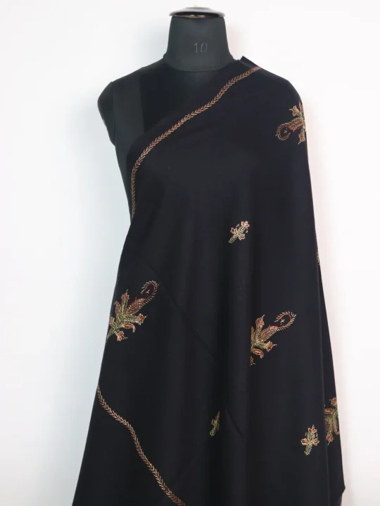 Black Kashmiri Shawl with Hand Sozni Embroidery in Cashmilon | Raheela - Image 2