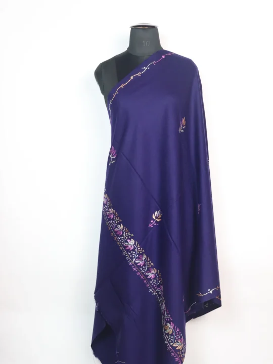 Sarwa Kashmiri Shawl in Deep Blue Cashmilon with Hand Sozni Embroidery