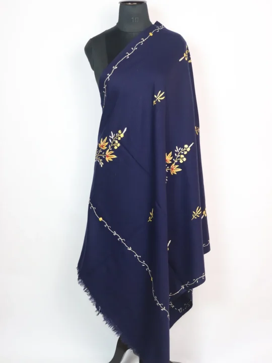 Kashmiri Shawl in Deep Blue Cashmilon with Hand Sozni Embroidery | Suhaila