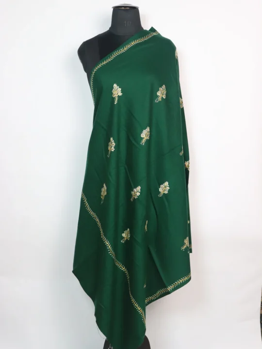Farkhanda Kashmiri Shawl in Dark Green Cashmilon with Hand Sozni Embroidery