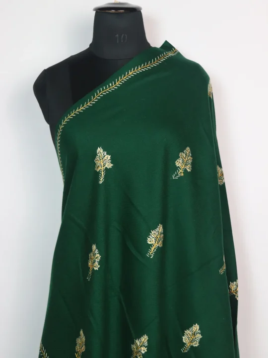 Farkhanda Kashmiri Shawl in Dark Green Cashmilon with Hand Sozni Embroidery - Image 2