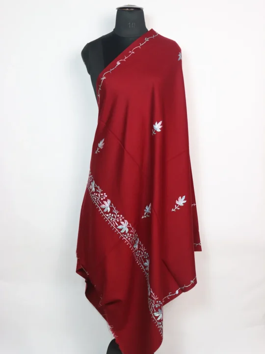 Nuzhat Kashmiri Shawl with Hand Sozni Embroidery on Maroon Cashmilon