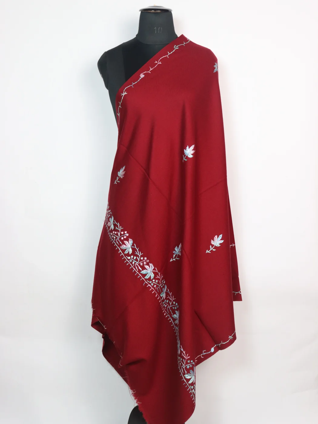 Nuzhat Kashmiri Shawl with Hand Sozni Embroidery on Maroon Cashmilon