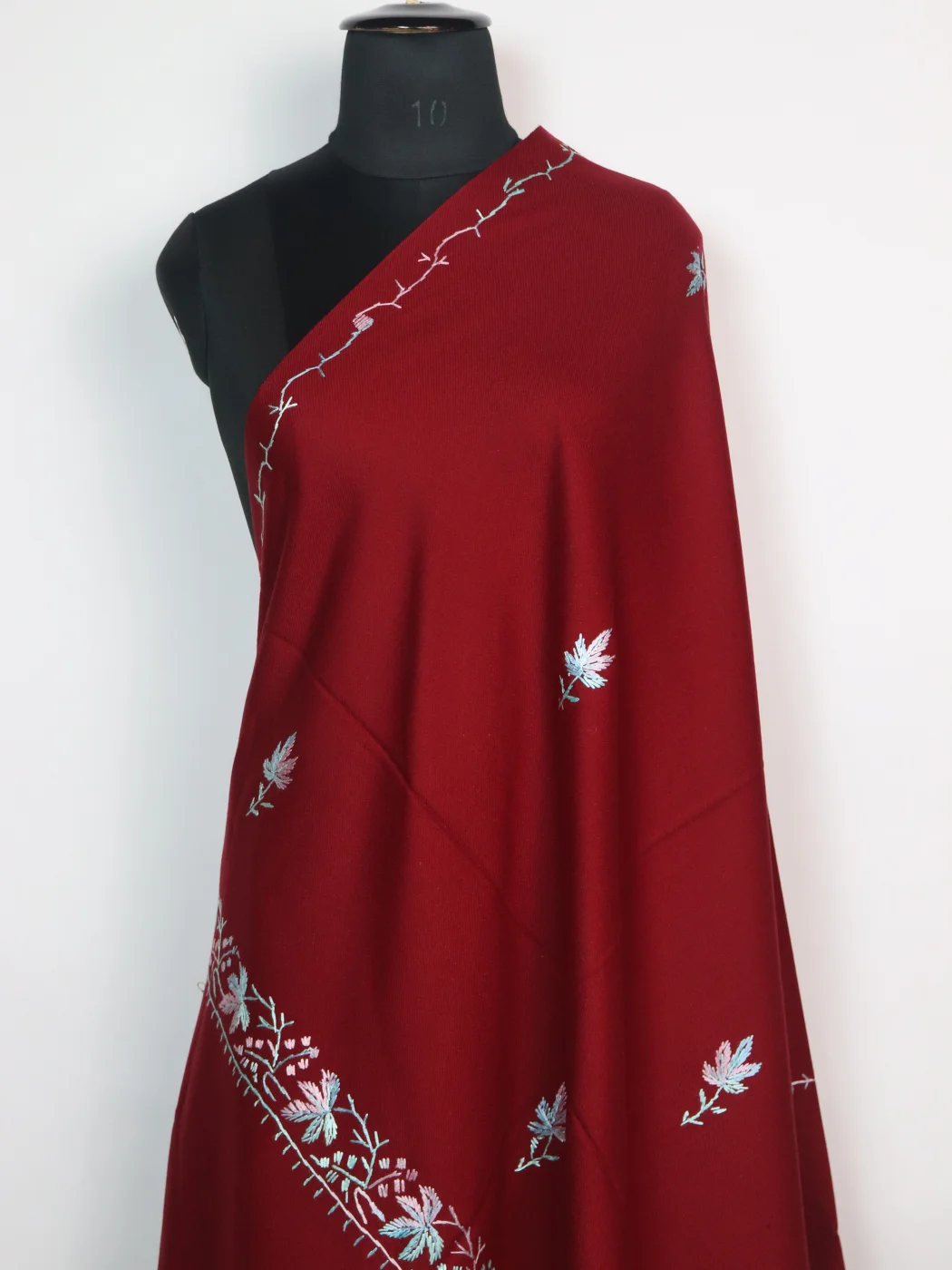 Nuzhat Kashmiri Shawl with Hand Sozni Embroidery on Maroon Cashmilon - Image 2