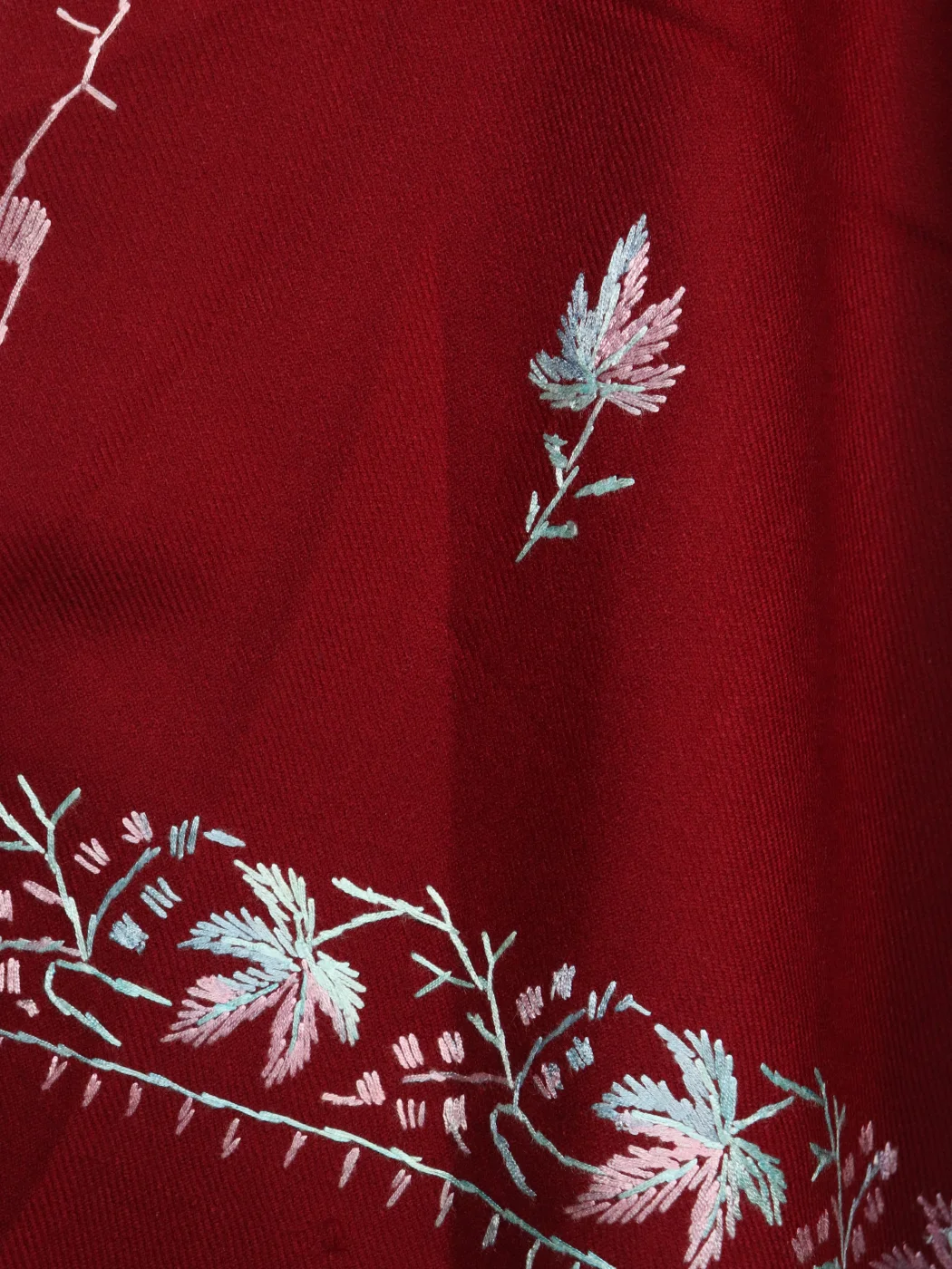 Nuzhat Kashmiri Shawl with Hand Sozni Embroidery on Maroon Cashmilon - Image 3