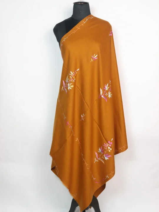 Kashmiri Shawl in Cashmilon with Hand Sozni Embroidery in Mustard | Nashwa