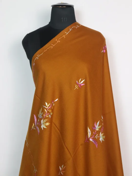 Kashmiri Shawl in Cashmilon with Hand Sozni Embroidery in Mustard | Nashwa - Image 2