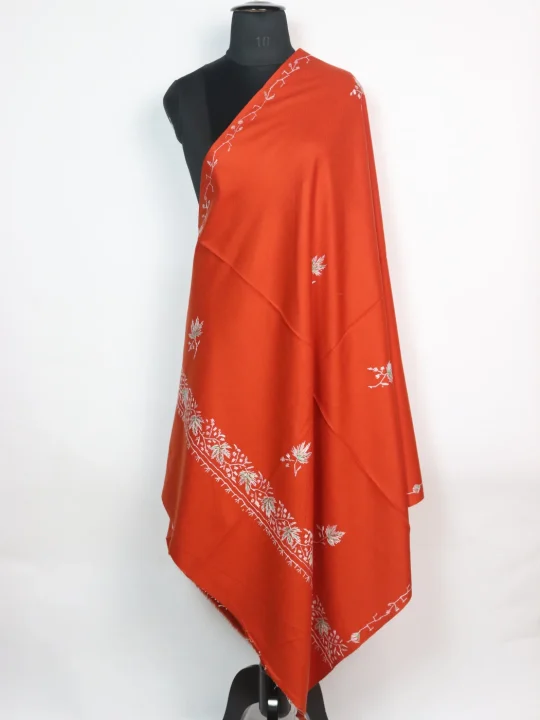 Sharmeen Kashmiri Shawl with Hand Sozni Embroidery in Orange Cashmilon