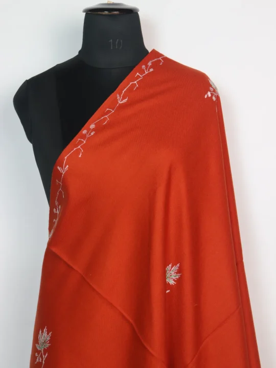 Sharmeen Kashmiri Shawl with Hand Sozni Embroidery in Orange Cashmilon - Image 2