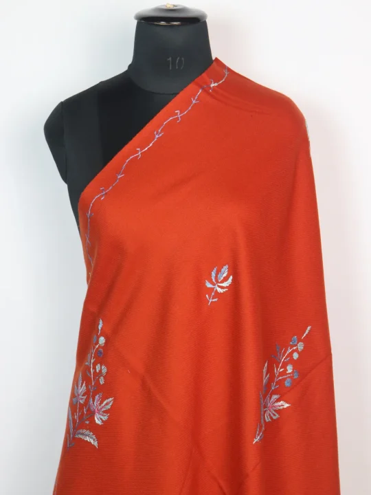 Warda Kashmiri Shawl in Rust Orange Cashmilon with Hand Sozni Embroidery - Image 2