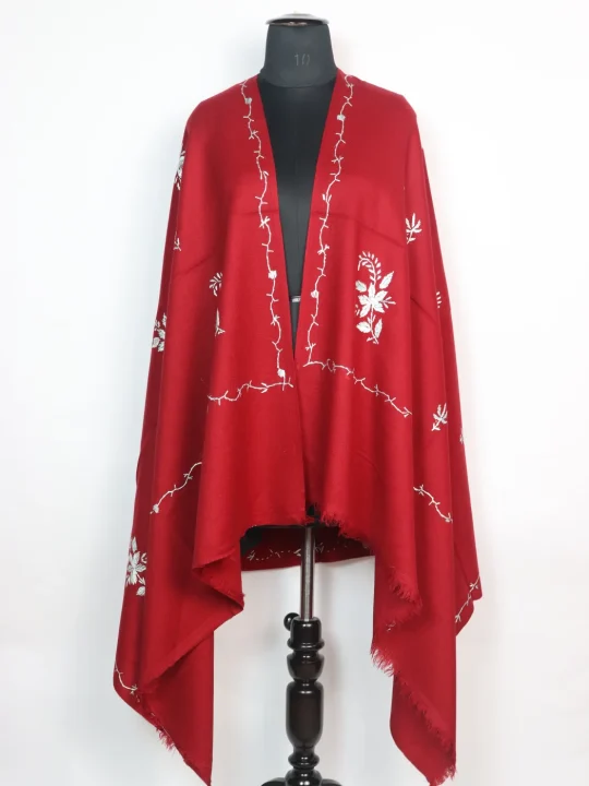 Wine Kashmiri Shawl with Hand Sozni Embroidery in Cashmilon | Wajeeha