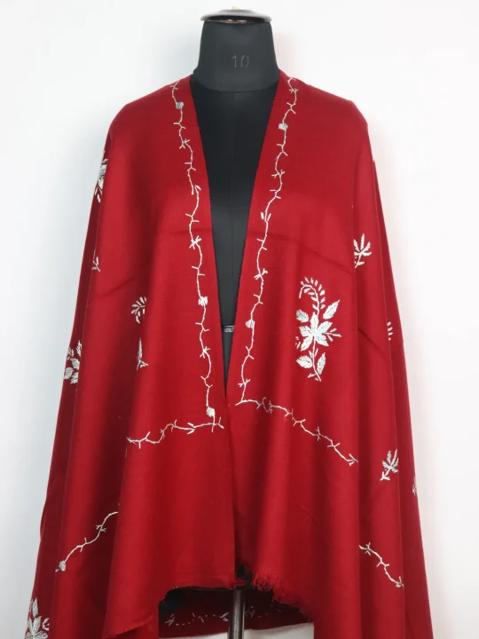 Wine Kashmiri Shawl with Hand Sozni Embroidery in Cashmilon | Wajeeha - Image 2