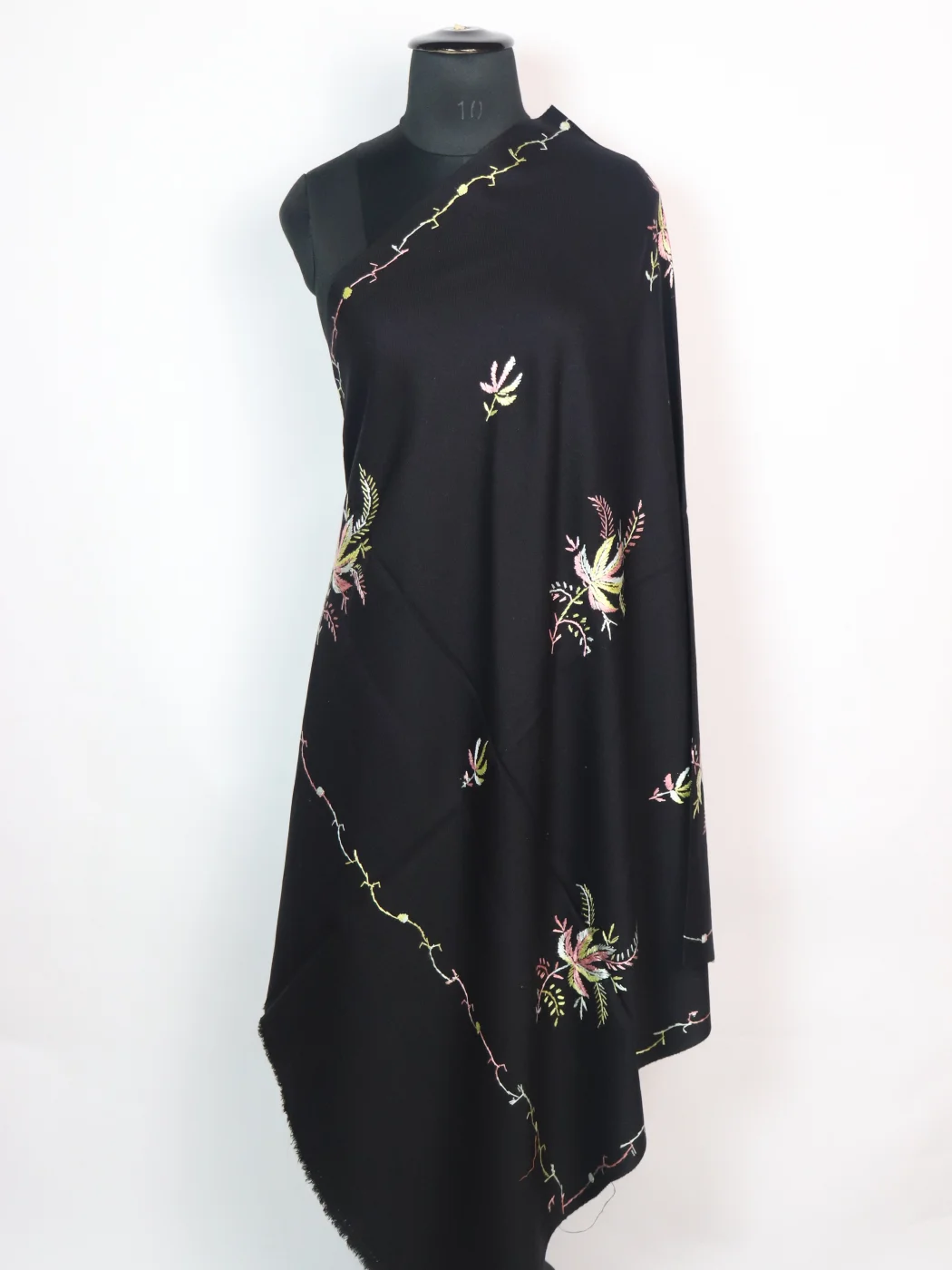 Mubashira Kashmiri Shawl with Hand Sozni Embroidery in Black Cashmilon