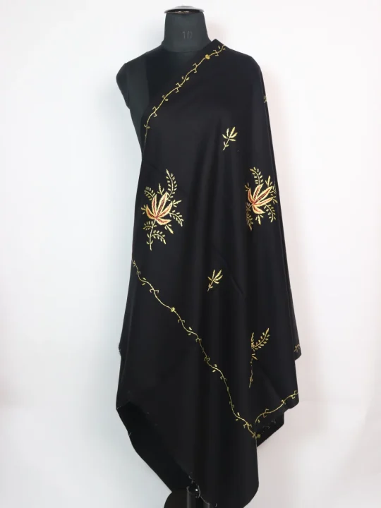 Black Kashmiri Shawl in with Hand Sozni Embroidery in Cashmilon | Aqeela