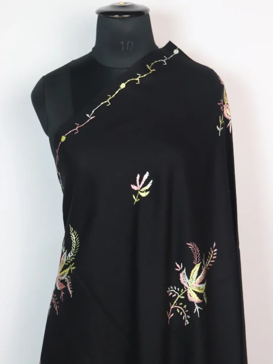 Mubashira Kashmiri Shawl with Hand Sozni Embroidery in Black Cashmilon - Image 2