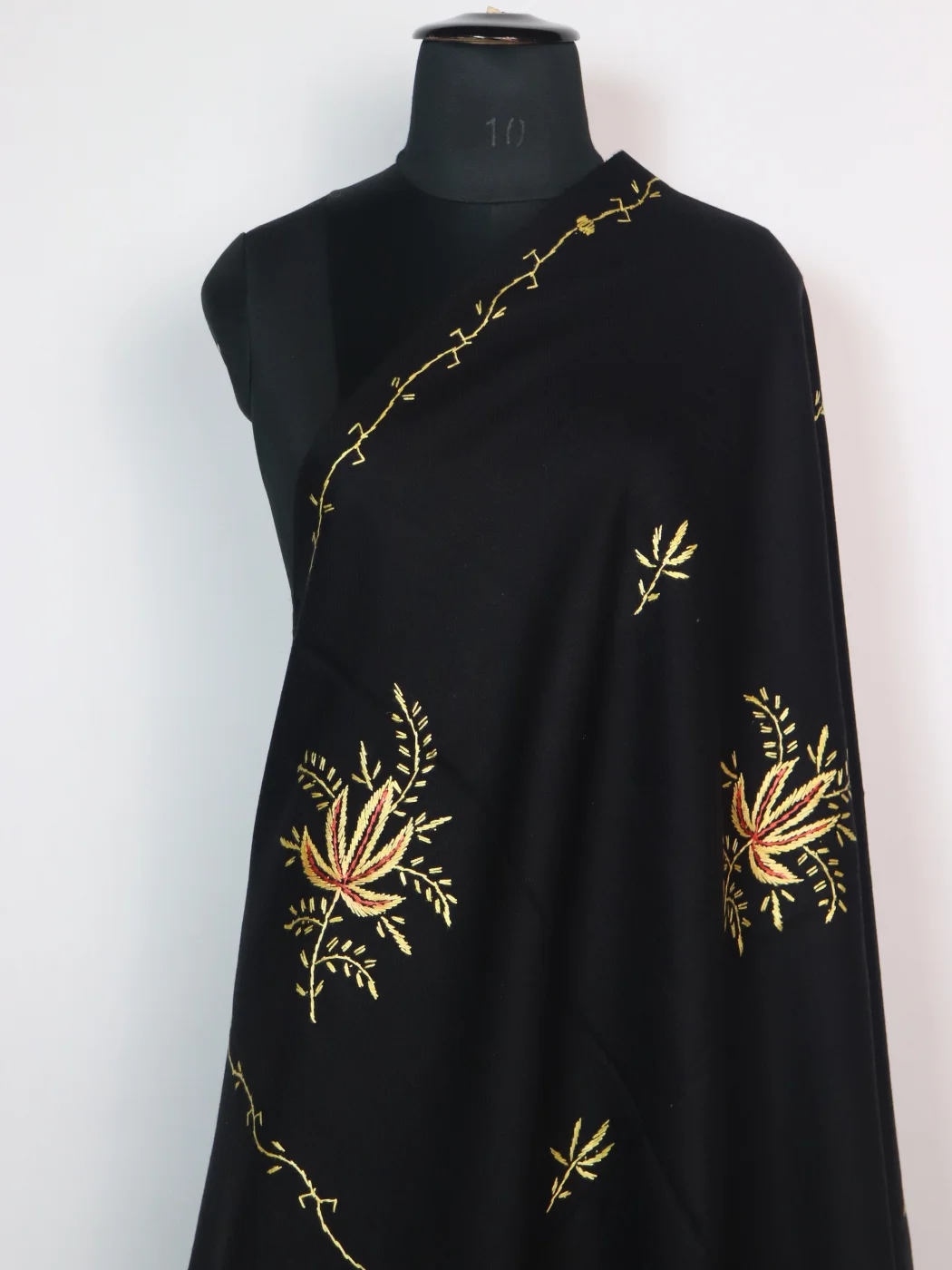 Black Kashmiri Shawl in with Hand Sozni Embroidery in Cashmilon | Aqeela - Image 2
