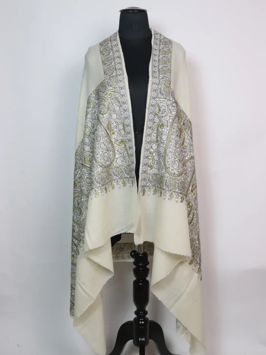 Nisa Kashmiri Shawl for Women in Toosha Wool with Sozni and Zari Work | Off White