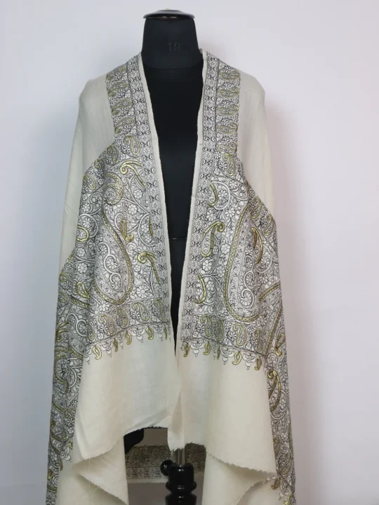 Nisa Kashmiri Shawl for Women in Toosha Wool with Sozni and Zari Work | Off White - Image 2