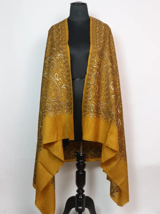 Kashmiri Shawl for Women in Mustard Toosha Wool with Sozni and Zari Work | Nisa