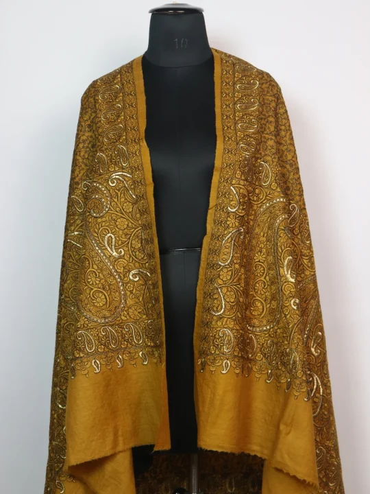 Kashmiri Shawl for Women in Mustard Toosha Wool with Sozni and Zari Work | Nisa - Image 2