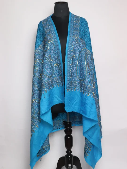 Blue Kashmiri Shawl for Women in Toosha Wool with Sozni and Zari Embroidery | Nisa
