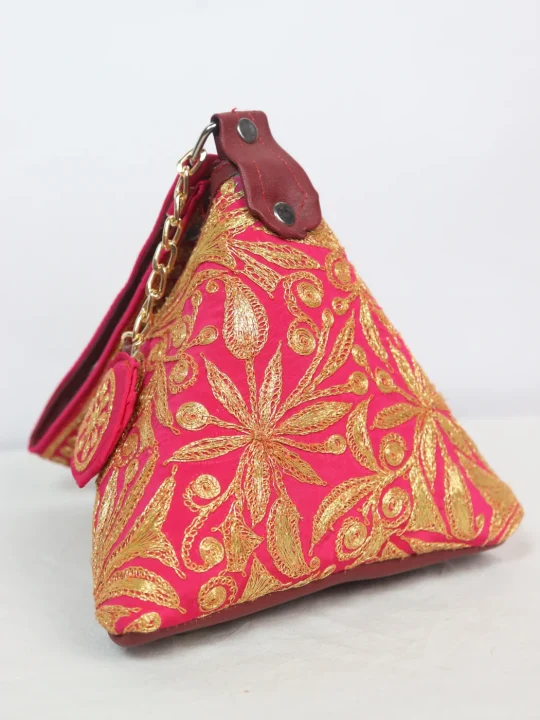 Amina Kashmiri Silk Triangle Bag With Botte Tilla Work | Pink